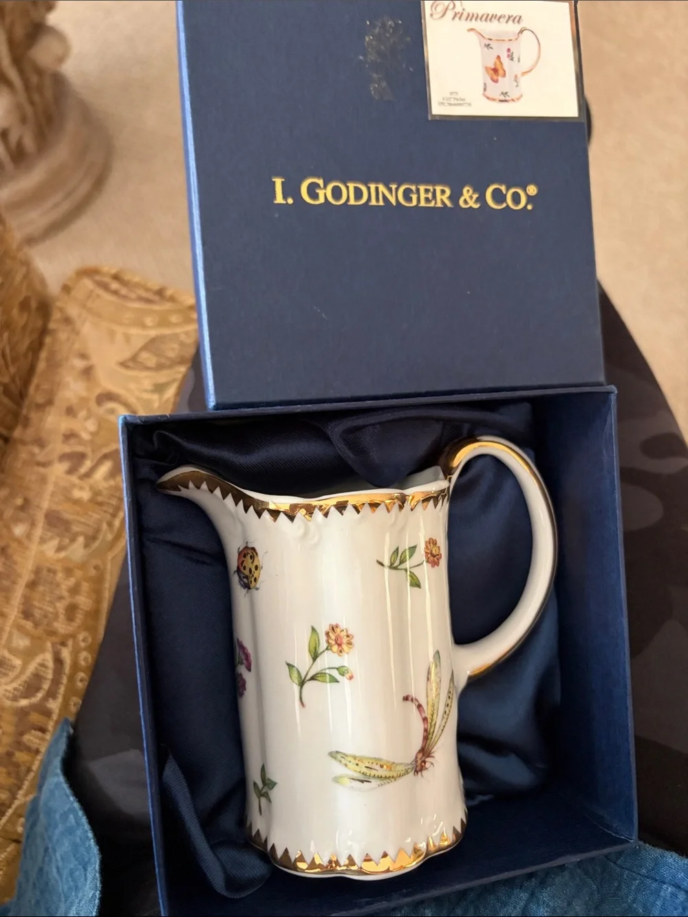Porcelain Creamer with Gold Trim and Floral Dragonfly Motif by I. GODINGER & CO.